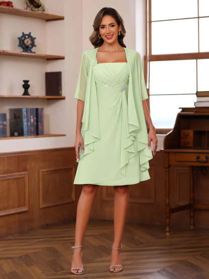 Knee-Length Square Neck A-Line Mother of the Bride Dresses With Ruffles and Jacket