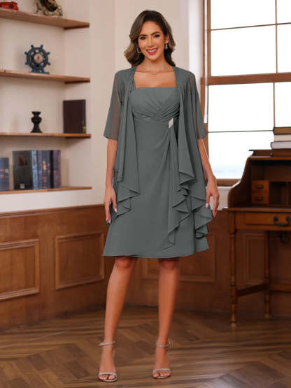 Knee-Length Square Neck A-Line Mother of the Bride Dresses With Ruffles and Jacket