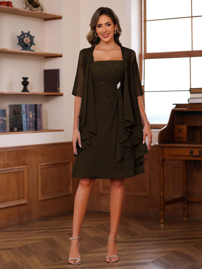 Knee-Length Square Neck A-Line Mother of the Bride Dresses With Ruffles and Jacket