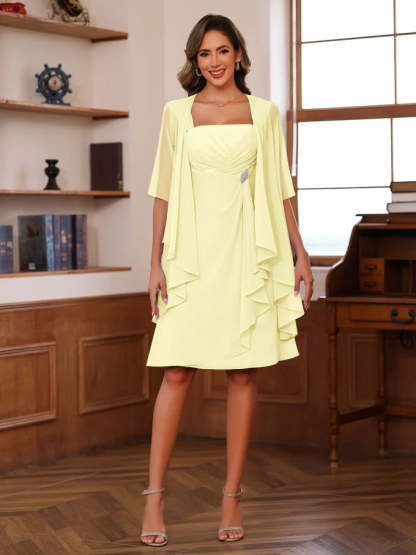 Knee-Length Square Neck A-Line Mother of the Bride Dresses With Ruffles and Jacket