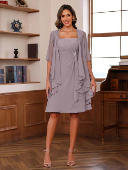 Knee-Length Square Neck A-Line Mother of the Bride Dresses With Ruffles and Jacket