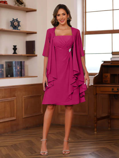 Knee-Length Square Neck A-Line Mother of the Bride Dresses With Ruffles and Jacket