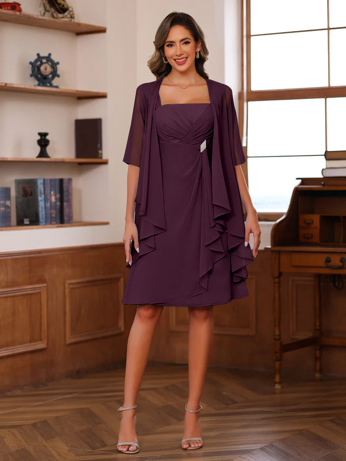 Knee-Length Square Neck A-Line Mother of the Bride Dresses With Ruffles and Jacket