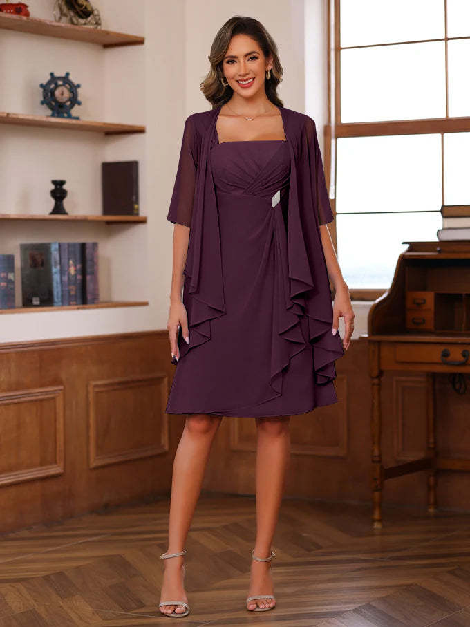 Knee-Length Square Neck A-Line Mother of the Bride Dresses With Ruffles and Jacket