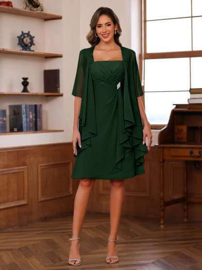 Knee-Length Square Neck A-Line Mother of the Bride Dresses With Ruffles and Jacket