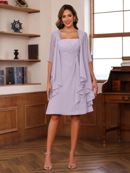Knee-Length Square Neck A-Line Mother of the Bride Dresses With Ruffles and Jacket