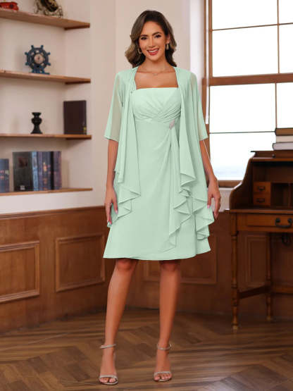 Knee-Length Square Neck A-Line Mother of the Bride Dresses With Ruffles and Jacket