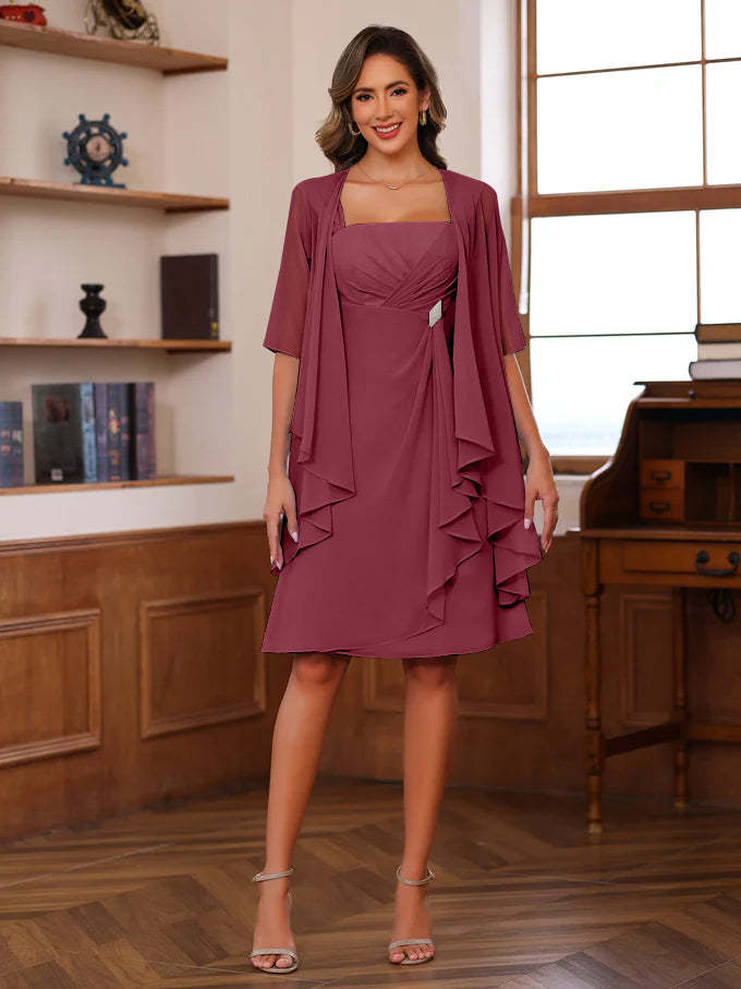 Knee-Length Square Neck A-Line Mother of the Bride Dresses With Ruffles and Jacket