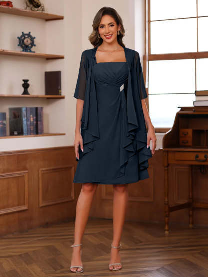 Knee-Length Square Neck A-Line Mother of the Bride Dresses With Ruffles and Jacket