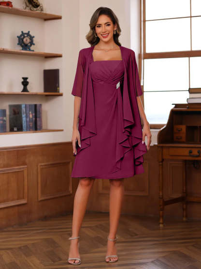 Knee-Length Square Neck A-Line Mother of the Bride Dresses With Ruffles and Jacket