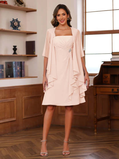 Knee-Length Square Neck A-Line Mother of the Bride Dresses With Ruffles and Jacket