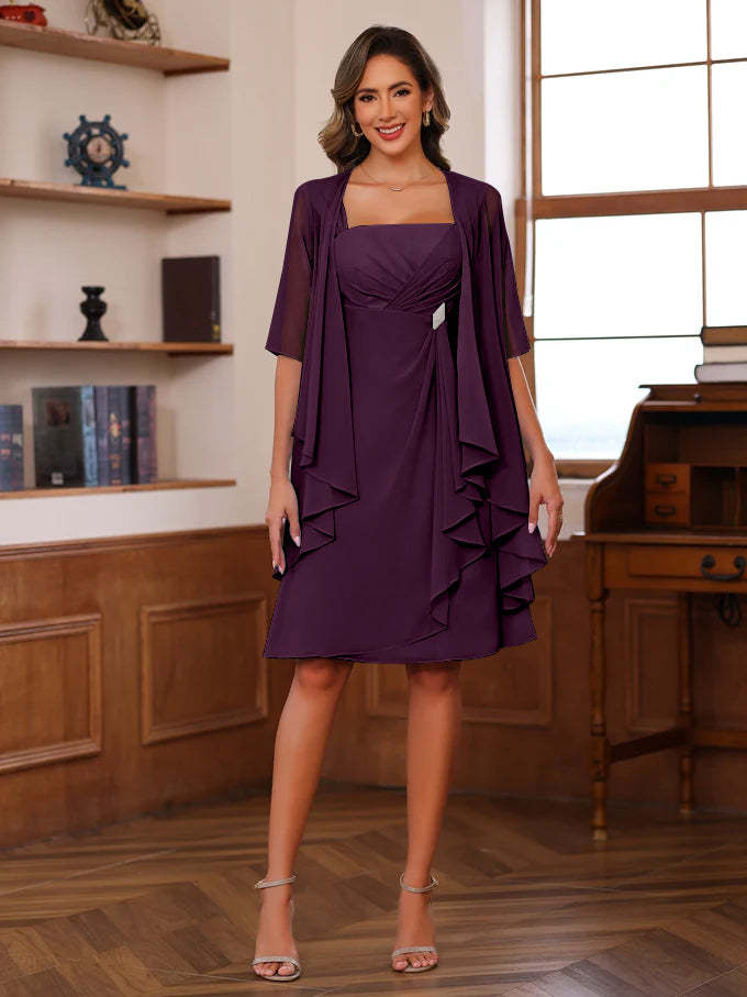 Knee-Length Square Neck A-Line Mother of the Bride Dresses With Ruffles and Jacket