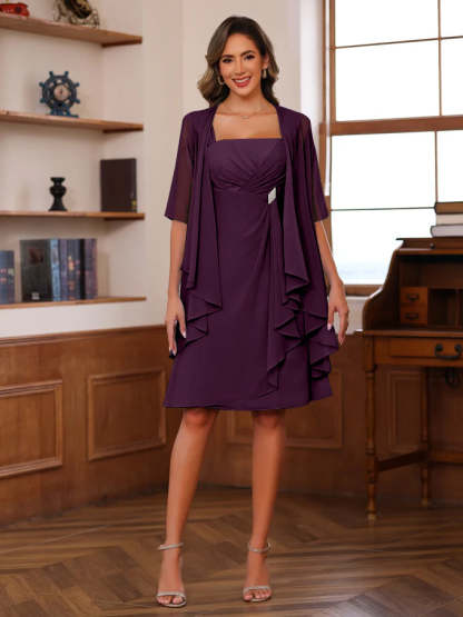 Knee-Length Square Neck A-Line Mother of the Bride Dresses With Ruffles and Jacket