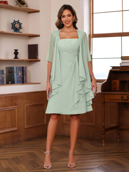 Knee-Length Square Neck A-Line Mother of the Bride Dresses With Ruffles and Jacket