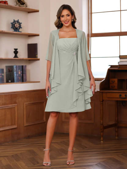 Knee-Length Square Neck A-Line Mother of the Bride Dresses With Ruffles and Jacket