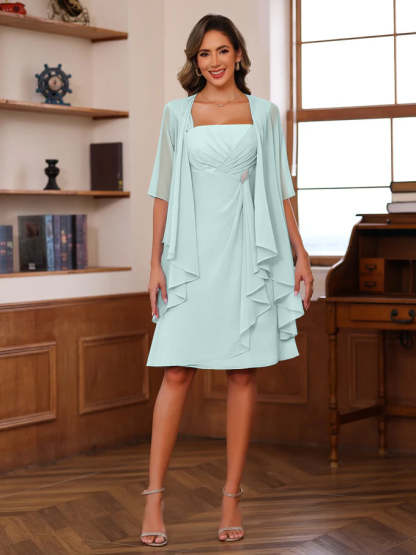 Knee-Length Square Neck A-Line Mother of the Bride Dresses With Ruffles and Jacket