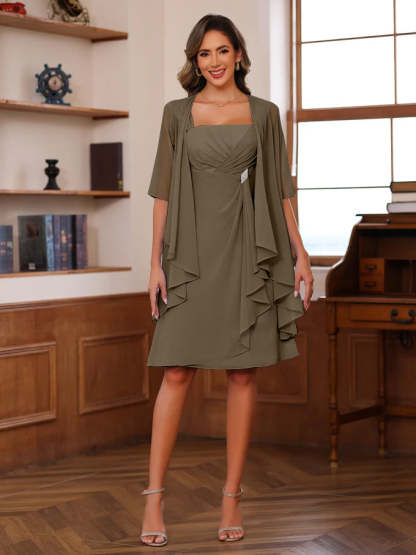 Knee-Length Square Neck A-Line Mother of the Bride Dresses With Ruffles and Jacket
