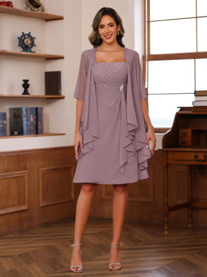 Knee-Length Square Neck A-Line Mother of the Bride Dresses With Ruffles and Jacket