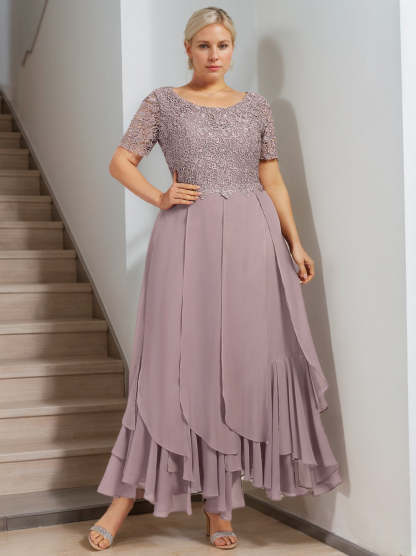 Plus Size Mother of the Bride A-Line Dress with Round Neck Short Sleeves and Cascading Ruffles