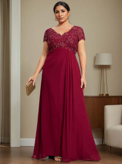 Plus Size V-Neck A-Line Princess Floor-Length Mother of the Bride Dress with Rhinestone and Pleated Details-BMbridal.UK