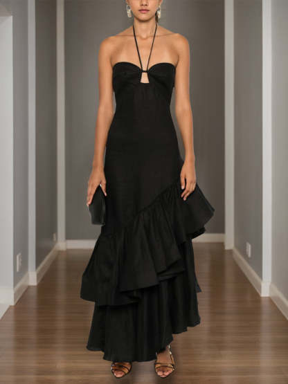 Asymmetrical Sleeveless A-Line Prom Dress with Sweetheart Halter Neck and Ruffled Details