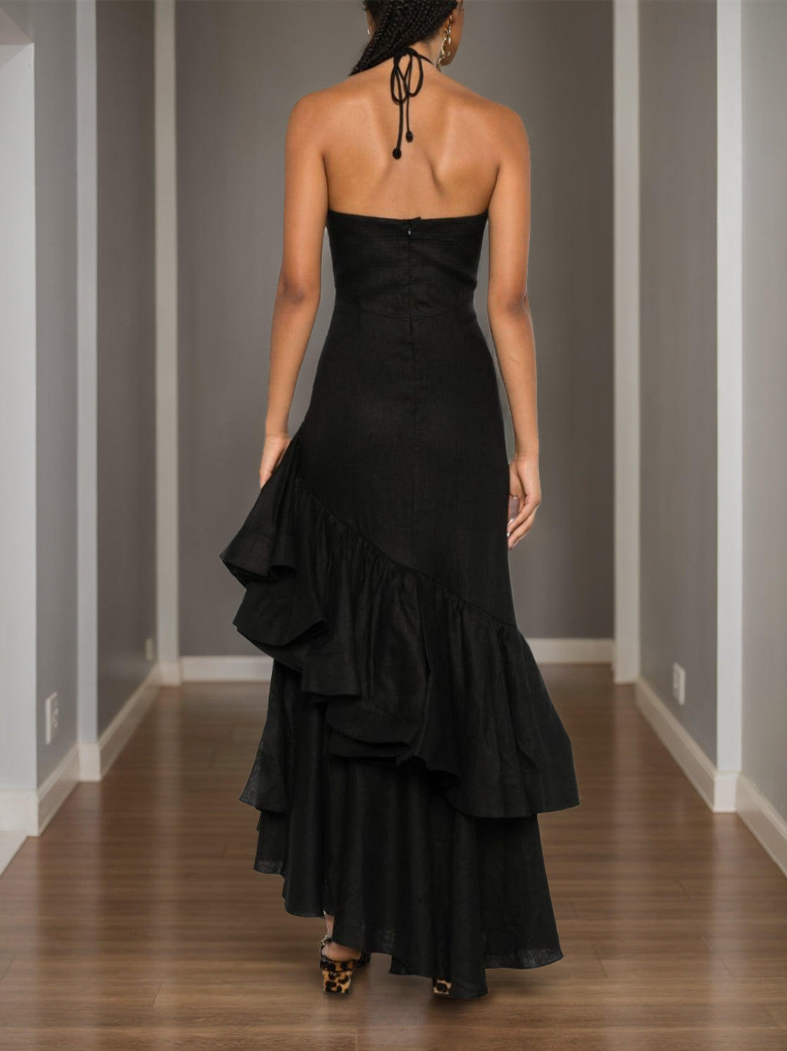 Asymmetrical Sleeveless A-Line Prom Dress with Sweetheart Halter Neck and Ruffled Details
