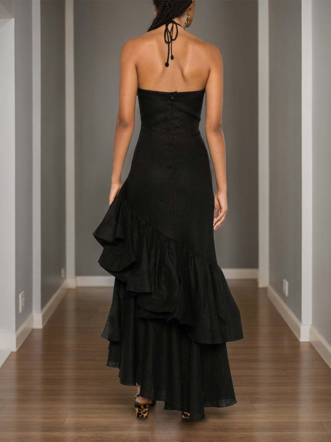 Asymmetrical Sleeveless A-Line Prom Dress with Sweetheart Halter Neck and Ruffled Details