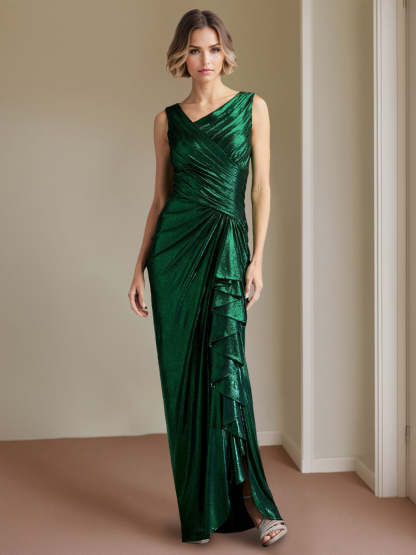 Asymmetrical Sheath/Column Prom Gown with Side Slit and Ruffles Sleeveless and Floor-Length