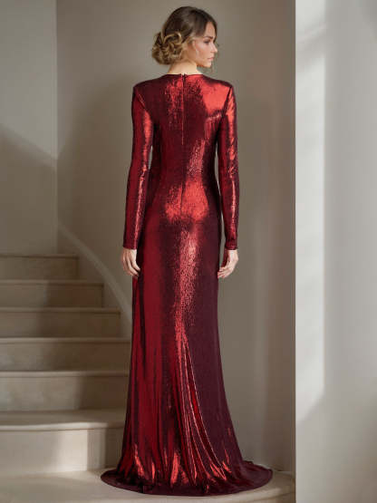 Floor-Length Deep V-Neck Sheath Dress with Crisscross Pleated Long Sleeves for the Mother of the Bride-BMbridal.UK