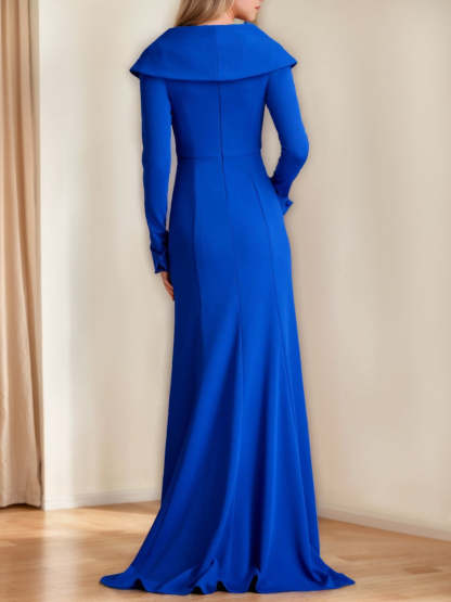 Floor-Length V-Neck Mermaid/Trumpet Mother of the Bride Dress with Ruffled Long Sleeves