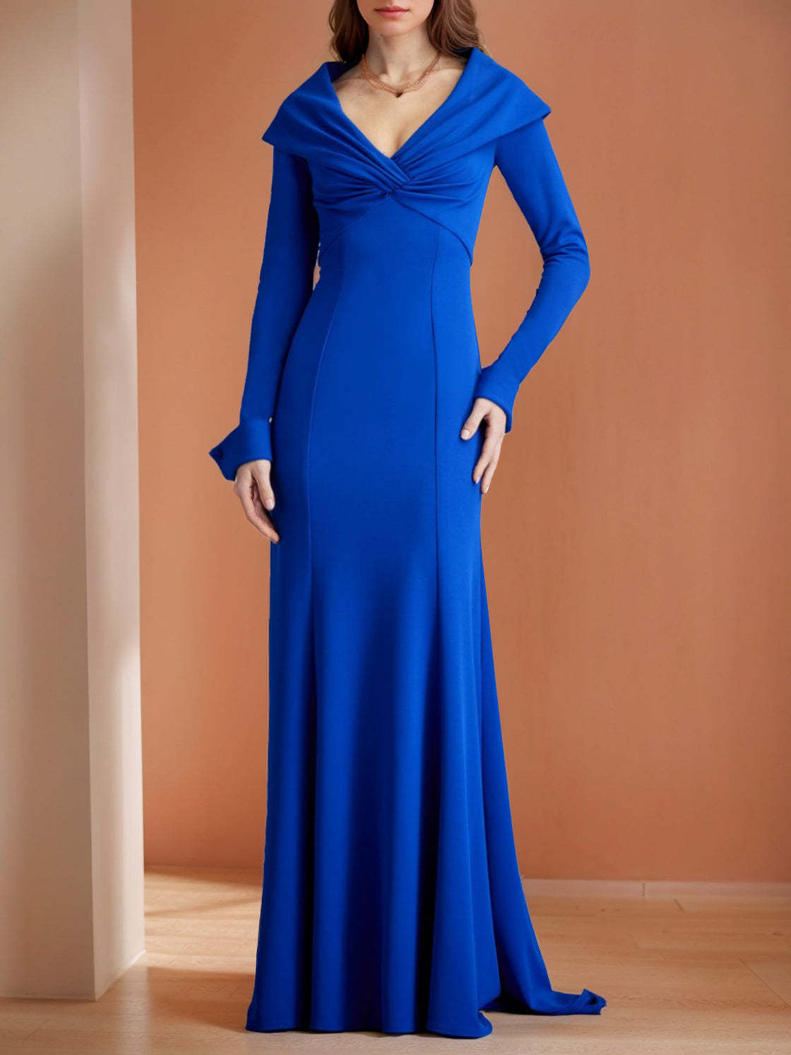 Floor-Length V-Neck Mermaid/Trumpet Mother of the Bride Dress with Ruffled Long Sleeves