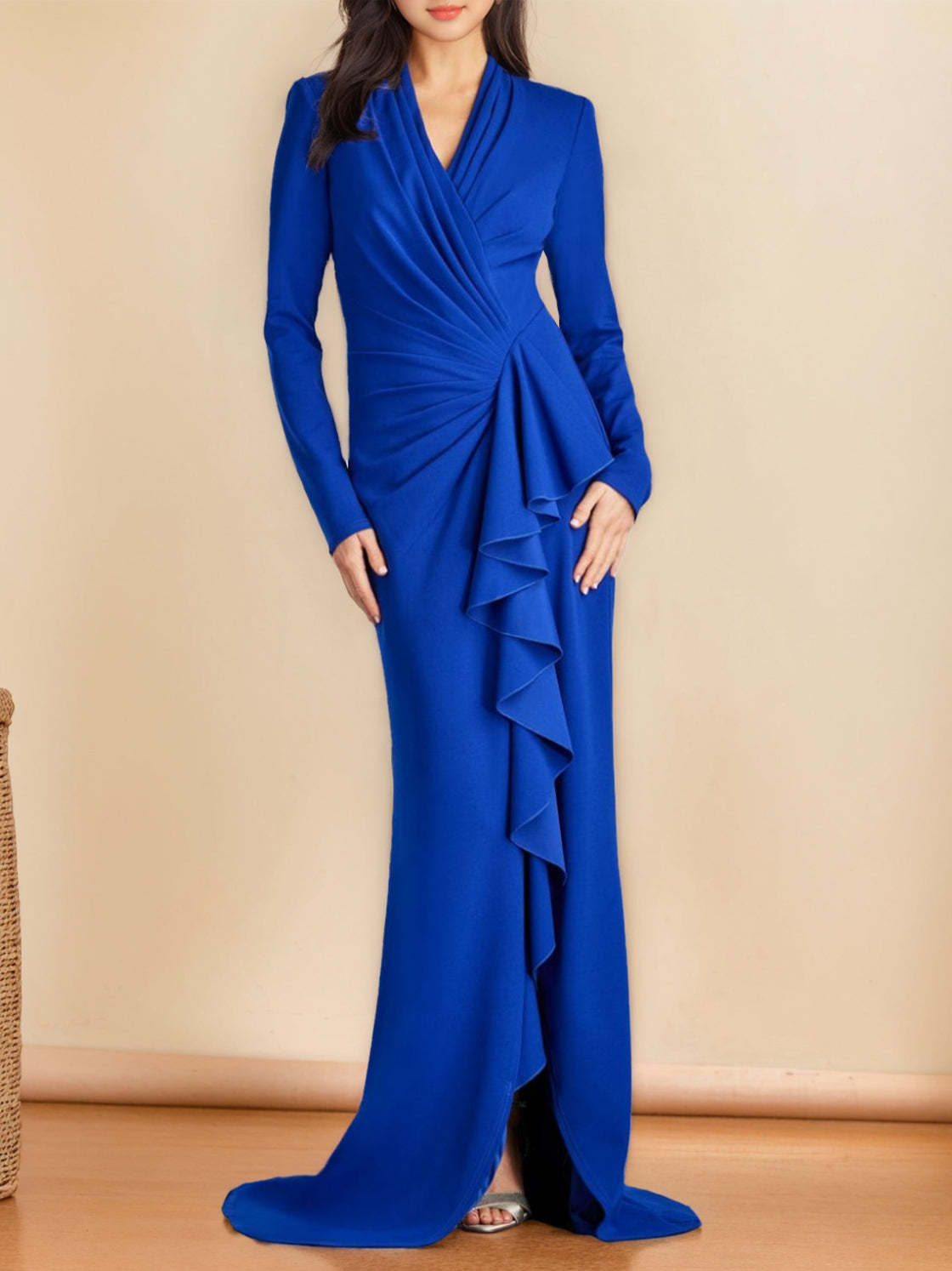 Floor-Length V-Neck Trumpet Mother of the Bride Dress with Mermaid Silhouette and Side Split