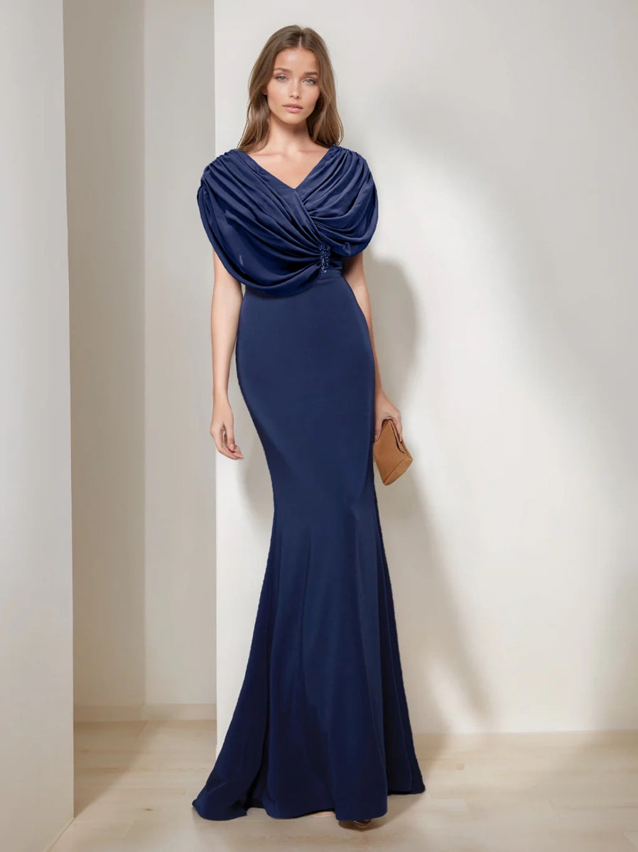 V-Neck Short-Sleeve Floor-Length Mermaid/Trumpet Mother of the Bride Dress with Ruffles and Sequins