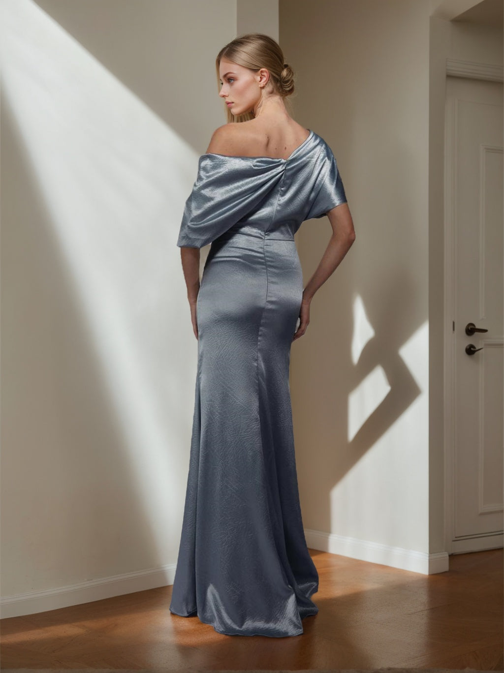 One-Shoulder A-Line Princess Floor-Length Mother of the Bride Dress with Short Sleeves and Side Split-BMbridal.UK