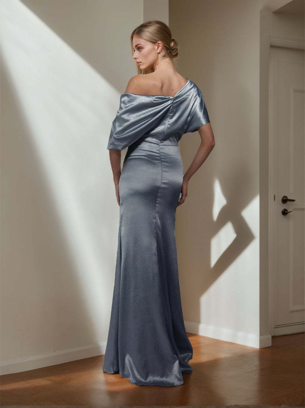 One-Shoulder A-Line Princess Gown with Short Sleeves and Side Split for the Mother of the Bride