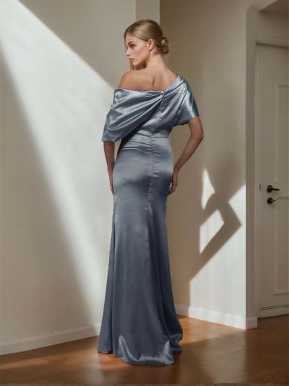 One-Shoulder A-Line Princess Gown with Short Sleeves and Side Split for the Mother of the Bride
