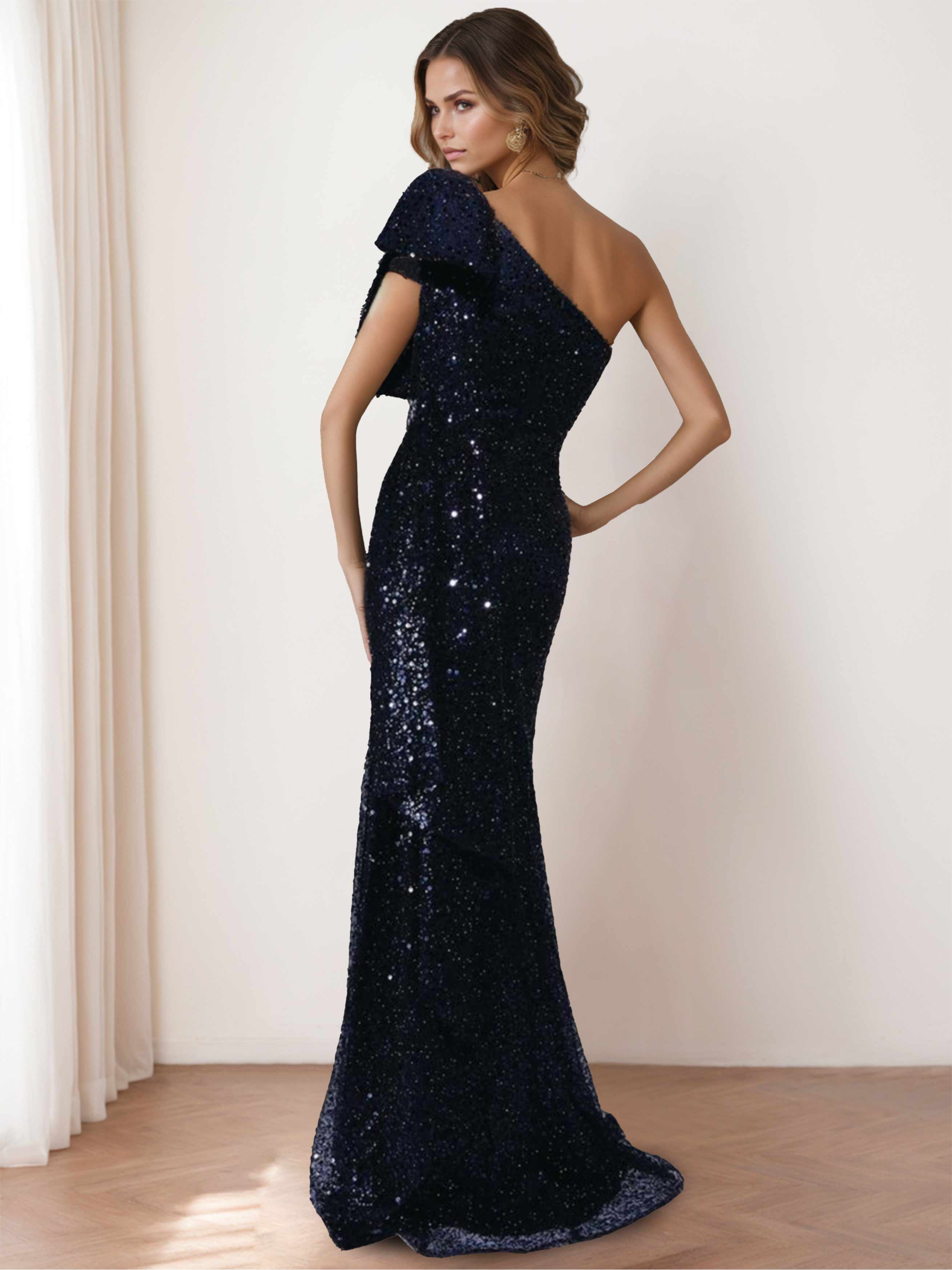 One-Shoulder Sleeveless Mermaid/Trumpet Floor-Length Mother of the Bride Dress with Bow and Side Ruffle-BMbridal.UK
