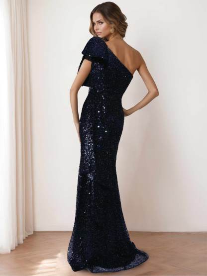 One-Shoulder Sleeveless Mermaid/Trumpet Floor-Length Gown with Bow and Side Ruffle for the Mother of the Bride-BMbridal.UK