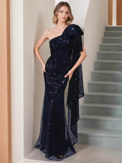 One-Shoulder Sleeveless Mermaid/Trumpet Floor-Length Gown with Bow and Side Ruffle for the Mother of the Bride-BMbridal.UK