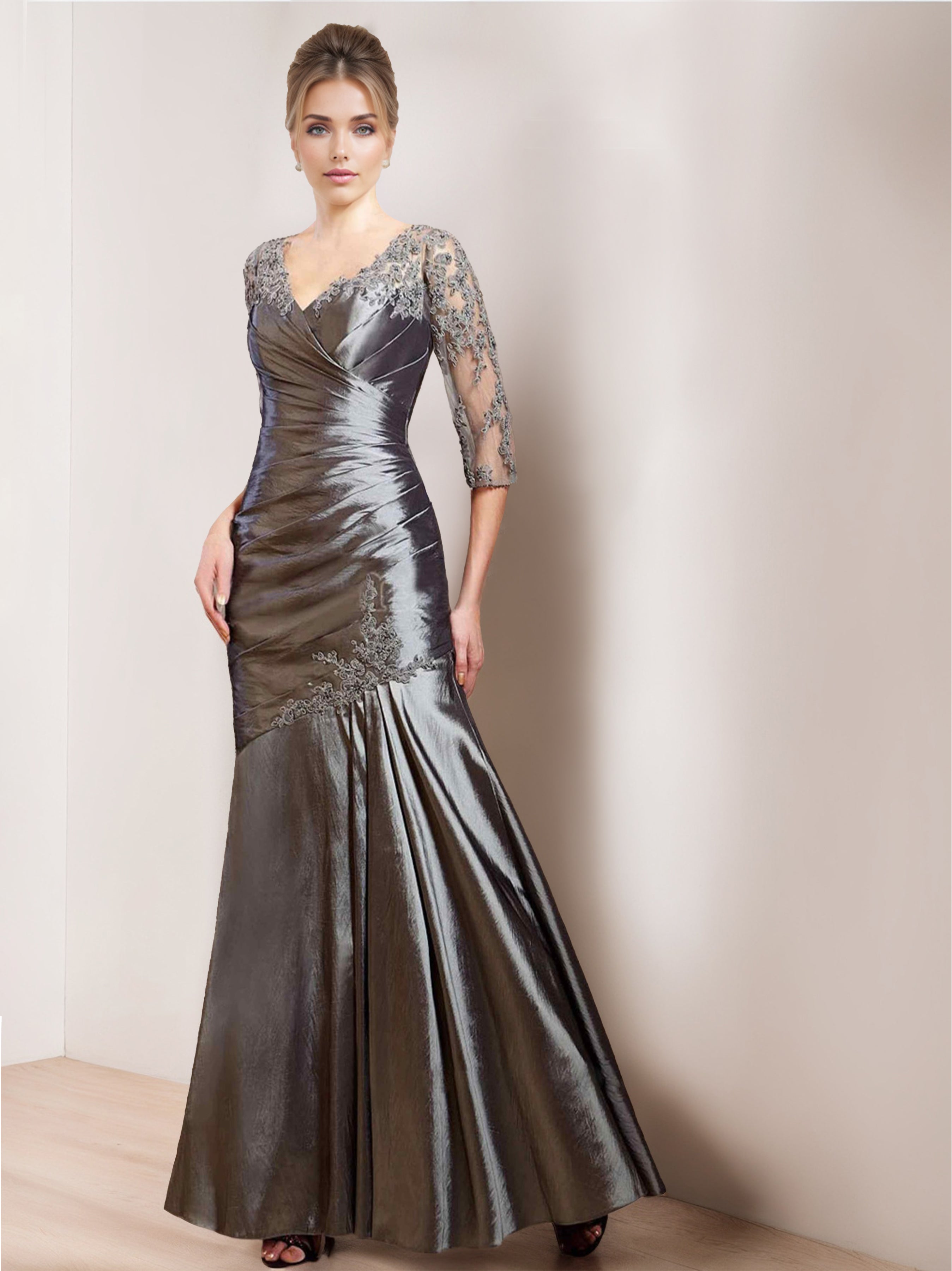 Unique V-Neck Trumpet/Mermaid Mother of the Bride Dress with 3/4 Sleeves Floor-Length Design Appliques & Ruching-BMbridal.UK
