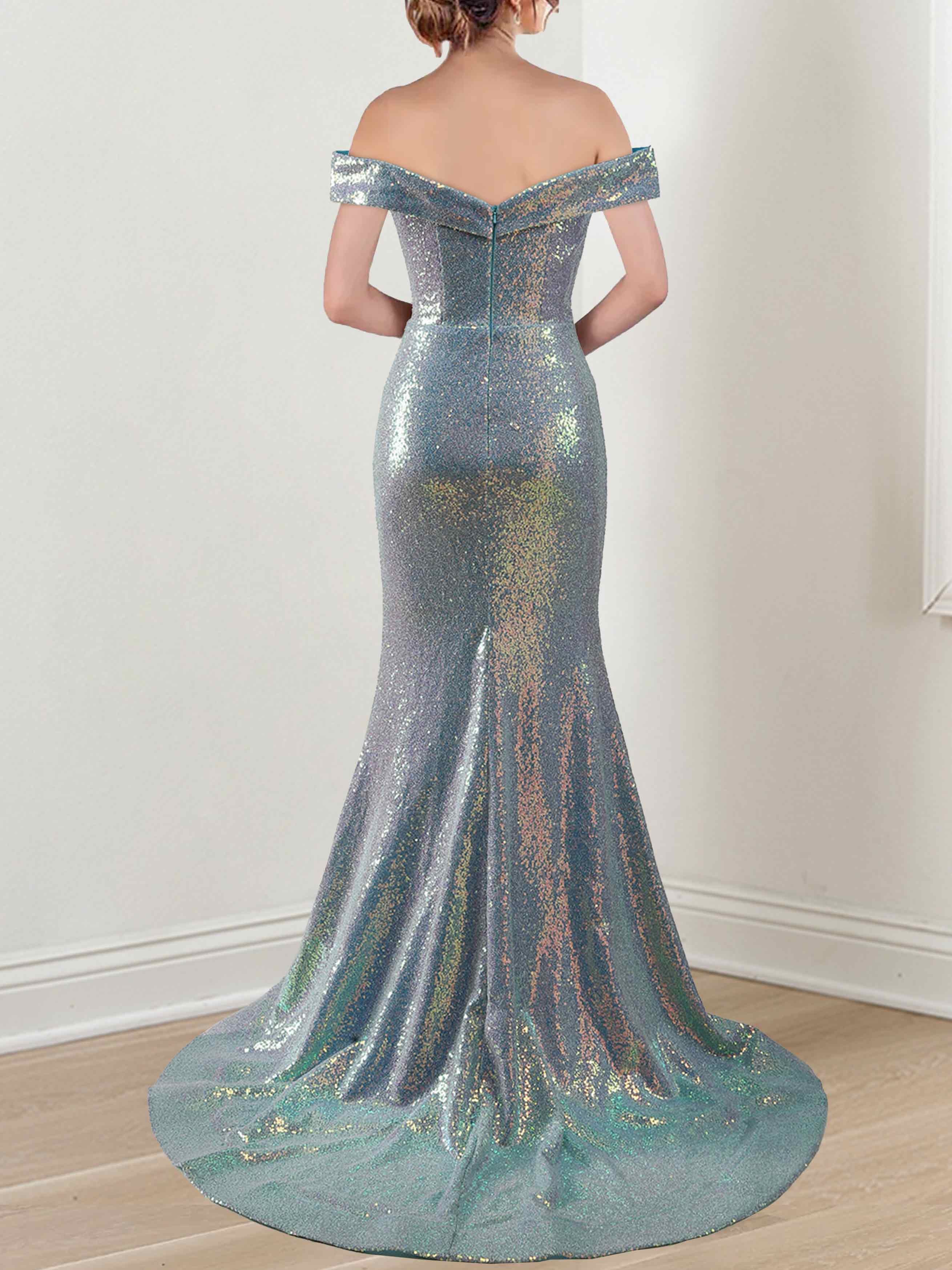 Off-the-Shoulder Sleeveless Floor-Length Mermaid/Trumpet Mother of the Bride Dress with Side Split Sequins & Ruffles-BMbridal.UK
