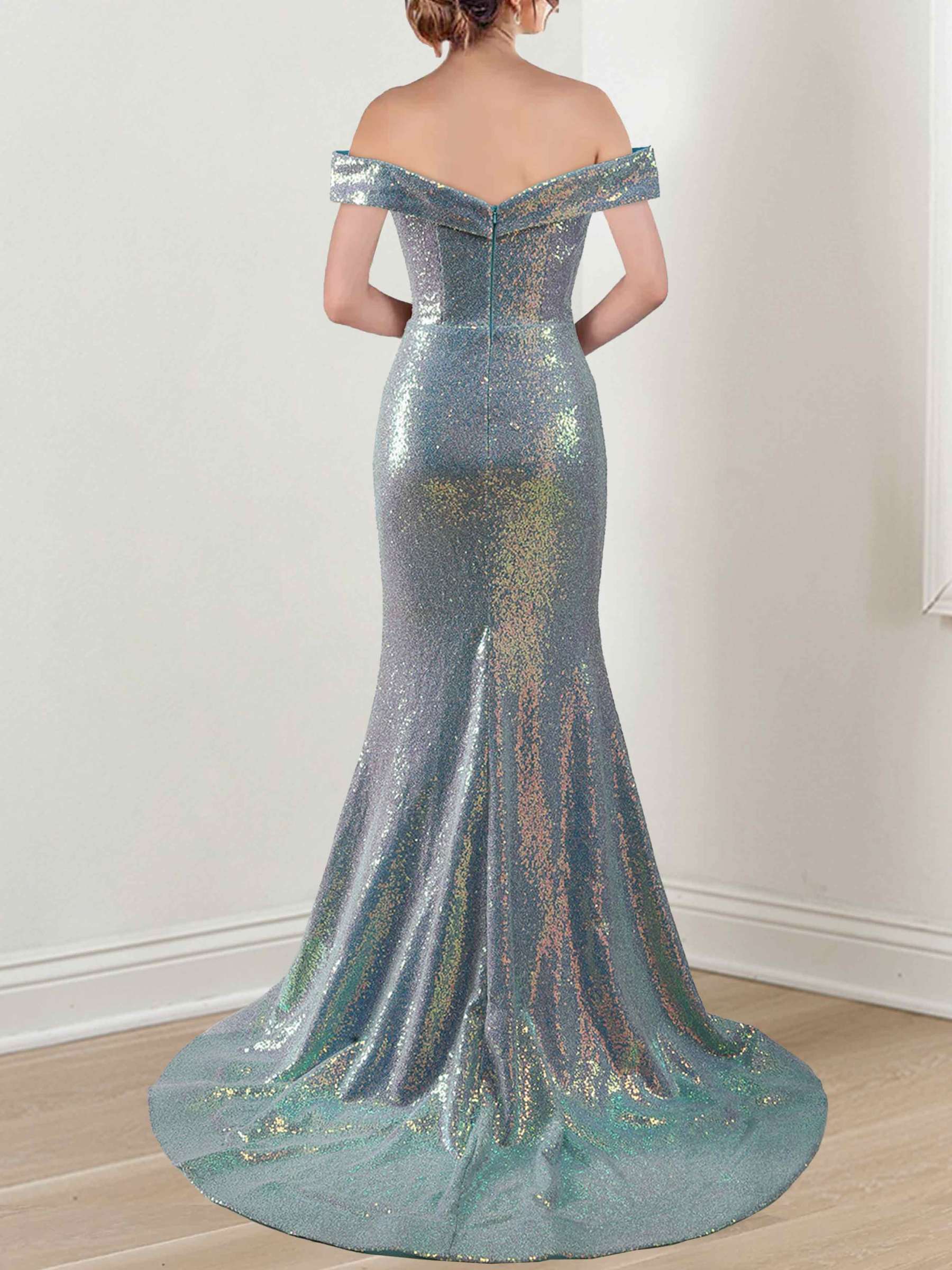 Off-the-Shoulder Sleeveless Mermaid/Trumpet Floor-Length Gown with Side Split Sequins and Ruffles