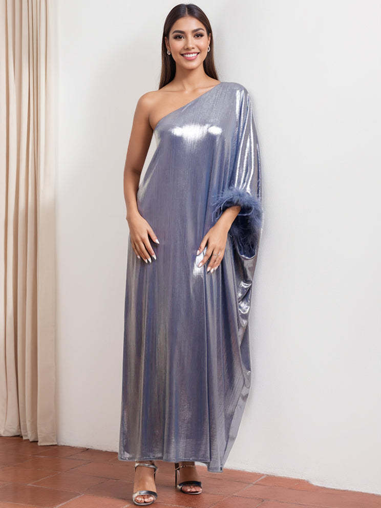 Sophisticated One-Shoulder Floor-Length Mother of the Bride & Groom Gown with Feather