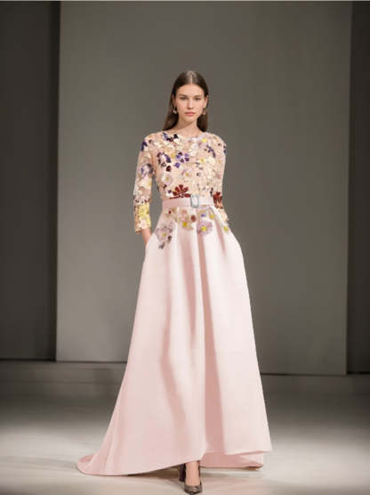 Asymmetrical A-Line Princess Scoop Neck Mother of the Bride Dress with 3/4 Sleeves and Lace Appliques-BMbridal.UK