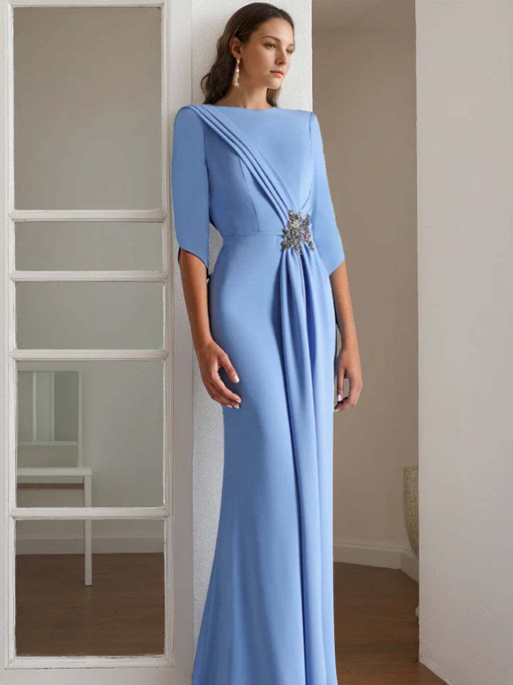 Floor-Length Mother of the Bride & Groom Dresses with Rhinestone Sheath/Column Scoop and 1/2 Length Sleeves-BMbridal.UK