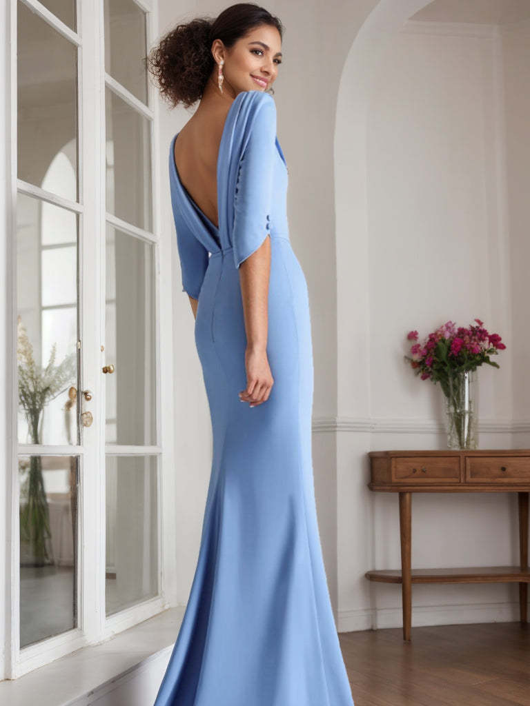 Floor-Length Mother of the Bride & Groom Dresses with Rhinestone Sheath/Column Scoop and 1/2 Length Sleeves-BMbridal.UK