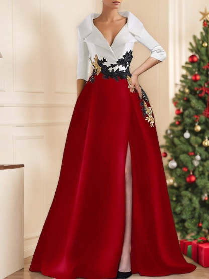 V-Neck Floor-Length A-Line Princess Gown for the Mother of the Bride with Side Split and Appliques