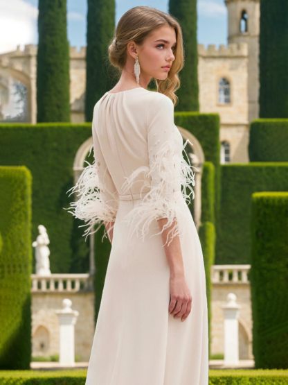 Ankle-Length Mother of the Bride Feather-Adorned Pantsuits with Jewel Neck and Half Sleeves