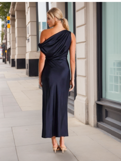 One-Shoulder Sleeveless Ankle-Length Ruffled Mother of the Bride Sheath Dress