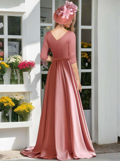 Princess V-Neck A-Line Floor-Length Mother of the Bride Dress with 3/4 Sleeves Pleats & Ruching